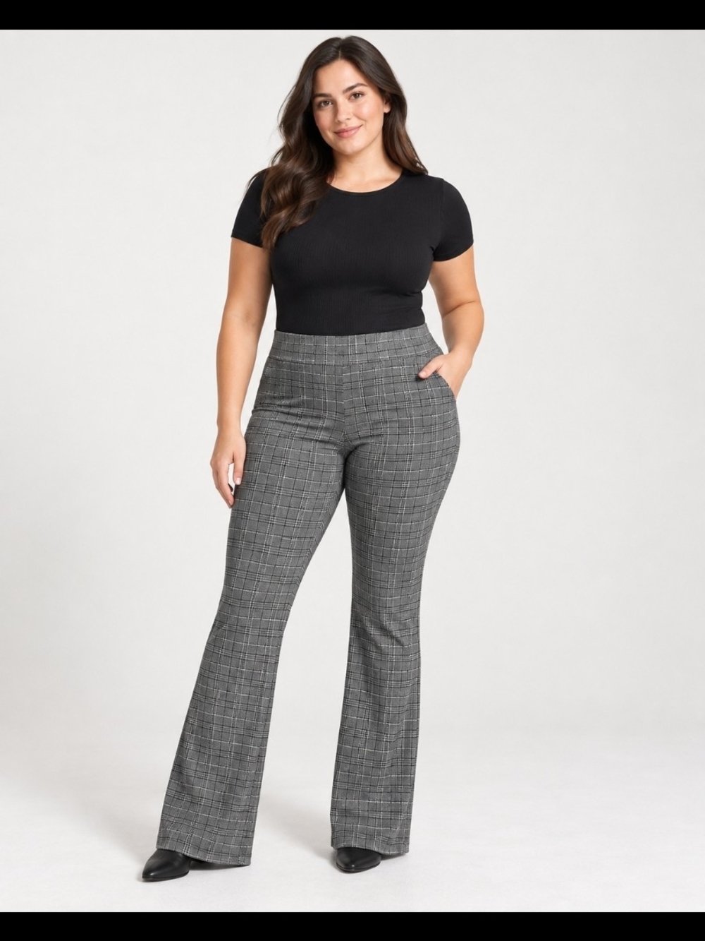 HALARA Black & Gray Plaid Flare Pants